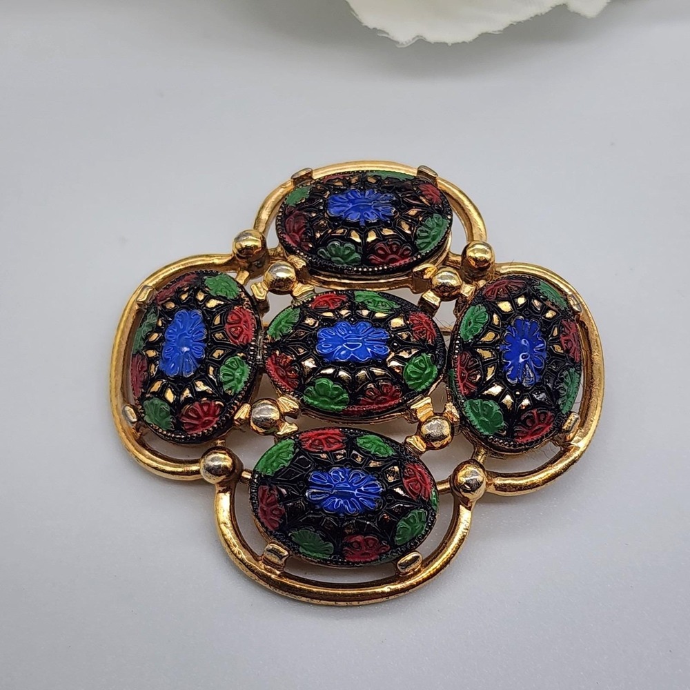 Vintage Sarah Coventry Brooch Light Of The East Moroccan Glass Cabochons 1968